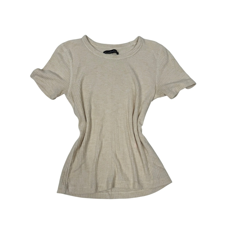 Abercrombie & Fitch Ribbed Knit Top S Cream Beige Short Sleeve Fitted Minimalist